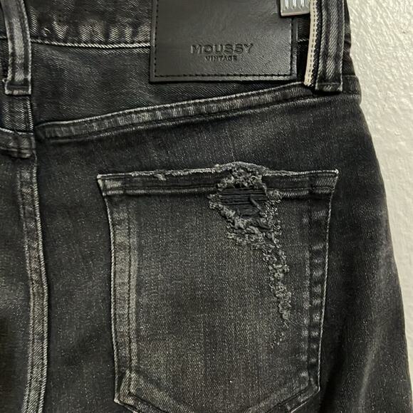 Authentic Moussy VTG Jeans 28 Black High Rise Straight Leg Raw Edge Distressed - Picture 7 of 9